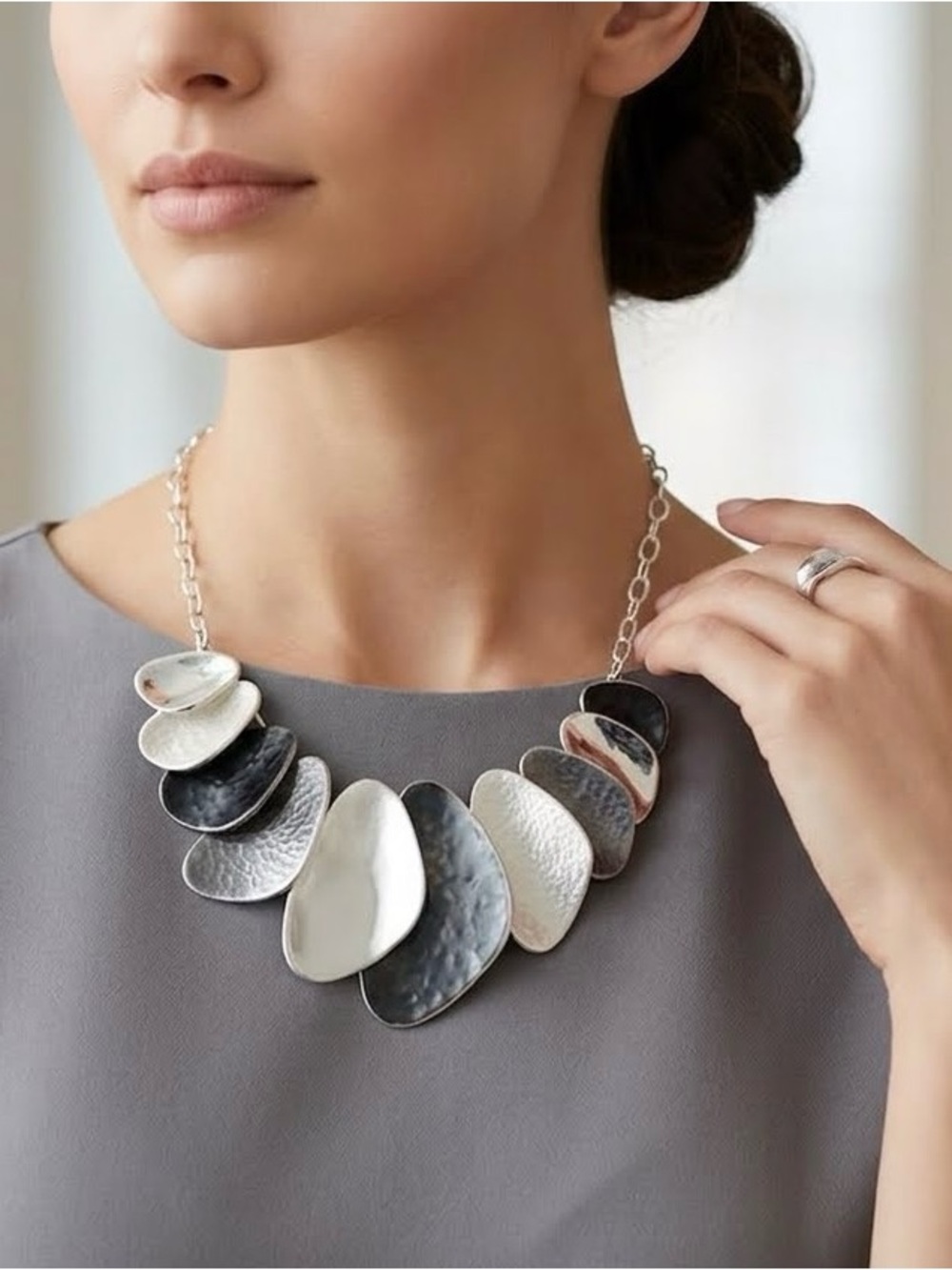 Statement Necklace Layered Pendant Design Hammered Silver Tones Elegant Glam